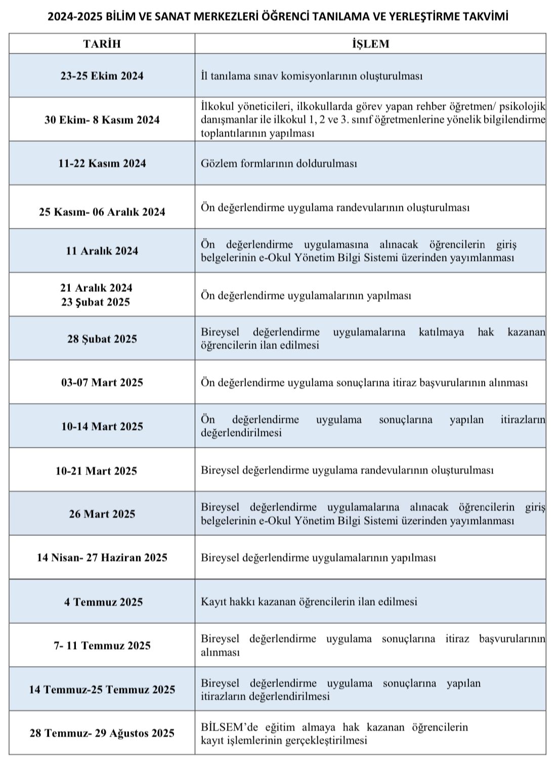 2024-2025 BİLSEM Takvim